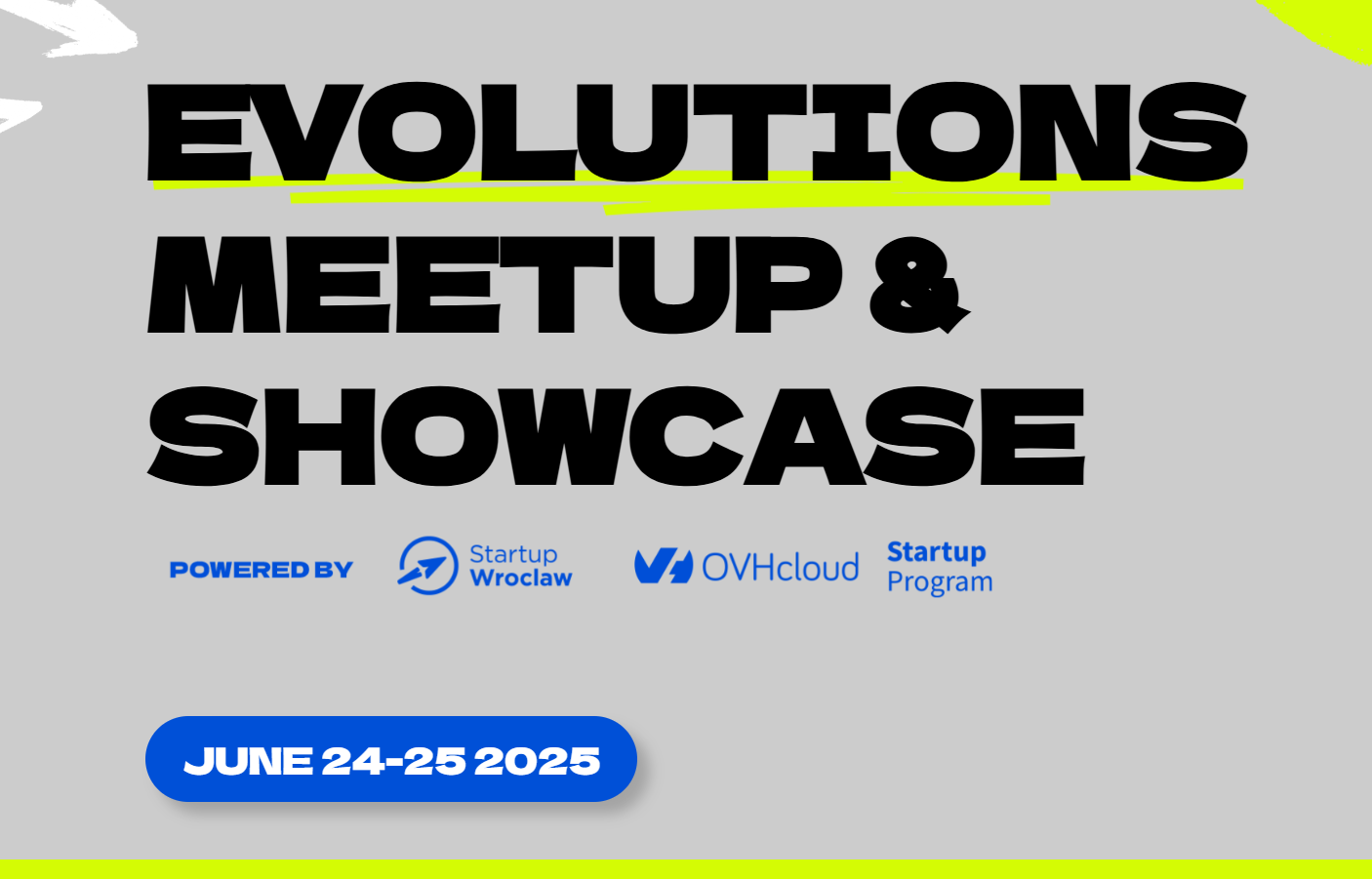 Grafika promująca Evolutions Meetup & Showcase w dniach 24-25 maja 2025.